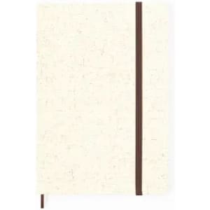 A notebook with a textured cream cover, featuring a brown elastic band closure. It has a simple, clean design.