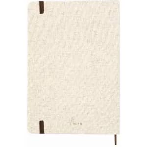 A linen-covered notebook with a textured cream cover and brown binding. It features a simple, elegant design.