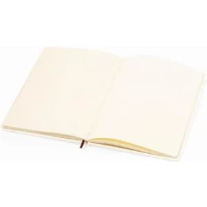 An open cream-coloured notebook with blank pages and a brown ribbon bookmark.