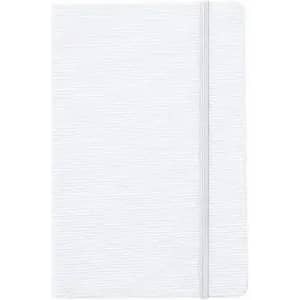 A white sublimation notepad with a textured cover and an elastic band closure, featuring a branding logo.