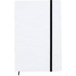 A white notepad with a textured cover, featuring a black elastic band and a ribbon bookmark, has a logo on the front.