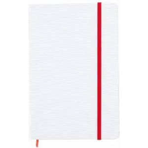 A white notepad with a textured cover and a bright red elastic band closure, featuring branding.