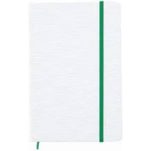 A white notepad with a textured cover and a green elastic band closure, featuring a ribbon bookmark.