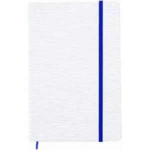 A white notepad with a textured cover and a blue elastic band, featuring a branded logo.