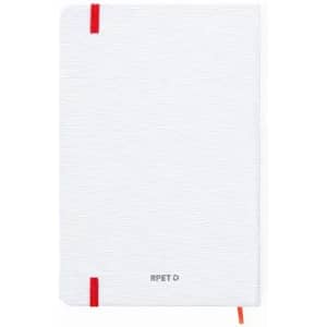 A white notepad with red elastic bands and an orange ribbon bookmark, featuring a logo on the front.