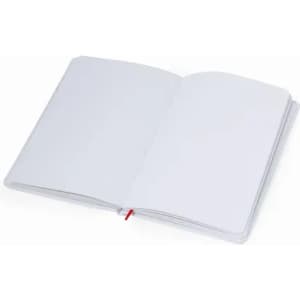 An open notepad with blank white pages and a red ribbon bookmark, featuring a logo on the cover.