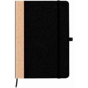 A notebook featuring a black cover with a light tan section, complete with an elastic band and a bookmark ribbon.