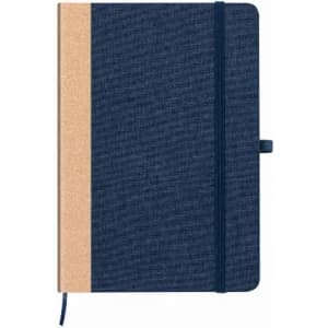 A navy blue notebook with a cork-like section, featuring an elastic band and ribbon bookmark. It has a logo.