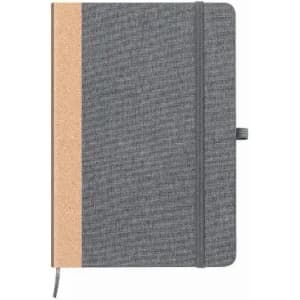 A textured grey notebook with a cork spine and an elastic band closure, featuring a branding logo.