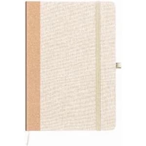 A notebook featuring a cream cover with a cork strip, an elastic band closure, and a ribbon marker.
