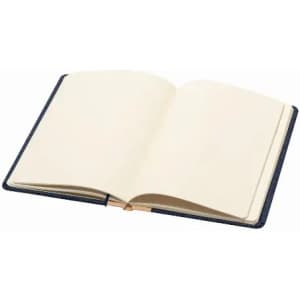 An open notebook with blank cream pages and a dark blue cover, showcasing a simple, elegant design.