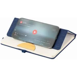 A phone stand with a blue fabric cover, featuring a wooden base and a smartphone displaying a video.