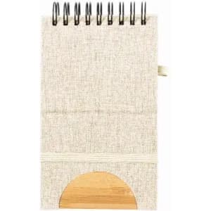 A notepad with a spiral binding and a wooden base, featuring a textured beige cover.