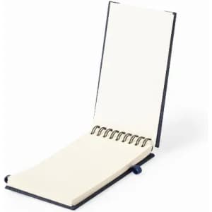A notebook with a dark cover and spiral binding, featuring blank pages inside.