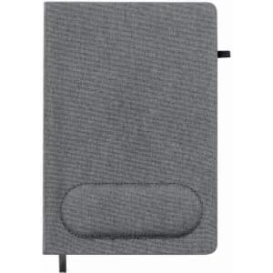 A notebook with a grey textured cover, featuring a curved indentation and a black ribbon bookmark.