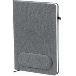 A grey notebook with a textured cover, featuring a curved section at the bottom and a ribbon bookmark.