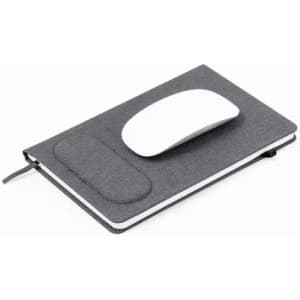 A mouse pad and notebook in grey fabric, with a white mouse placed on top. The notebook has a sleek design.
