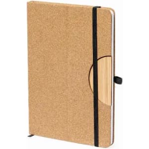 A cork-covered notebook with a wooden accent and an elastic closure. It features a simple, natural design.