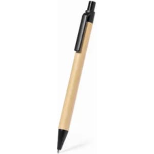 A pen with a wooden barrel and black accents, featuring a clip for easy attachment.
