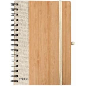 A notebook with a bamboo cover, spiral binding, and a textured beige band, featuring a logo on the front.