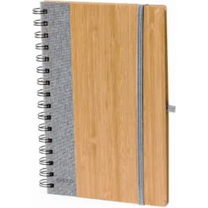 A spiral-bound notebook with a bamboo cover and grey fabric accents. It features a logo on the front.