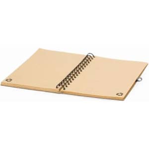 A spiral-bound notebook with a beige cover and lined pages, featuring a recycling symbol on the corners.