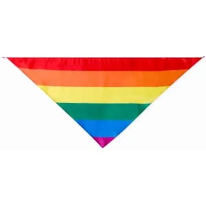 A triangular rainbow flag featuring horizontal stripes in red, orange, yellow, green, blue, and purple.