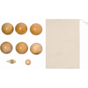A set of wooden balls in various sizes, along with a small wooden tool and a beige drawstring pouch.
