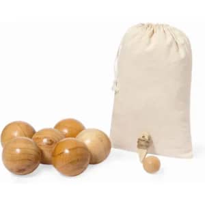 A set of wooden balls in various shades, accompanied by a drawstring bag and a small wooden marker.