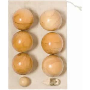 A wooden toy set featuring six smooth, light-coloured balls arranged on a beige board with a small ball and string.