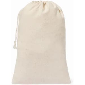 A drawstring bag in a natural beige colour, made from soft fabric with a simple design.