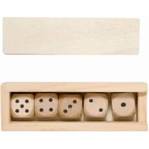 A wooden box containing five natural wood dice with black dots, alongside a plain wooden lid.