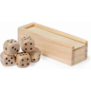 A set of wooden dice in natural finish, with a matching wooden box for storage.