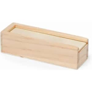 A wooden box with a simple rectangular design, featuring a smooth, light-coloured finish and a sliding top.