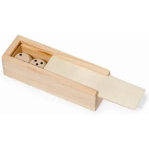 A wooden box containing two dice and a sliding cover. The box features a natural wood finish.