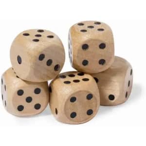 A set of five wooden dice, featuring black spots on a light brown finish.