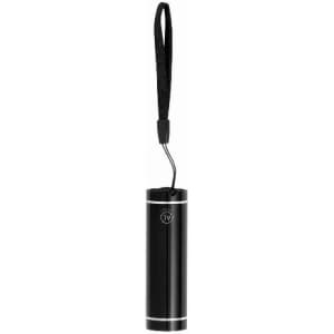 A drink bottle in black with silver accents and a detachable strap for easy carrying. It features a logo.
