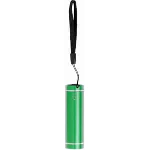 A drink bottle in vibrant green colour with a silver band and a black wrist strap. It features a logo.