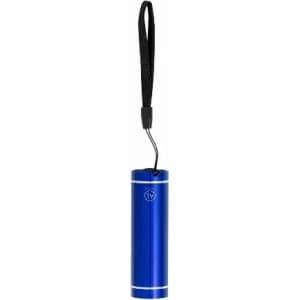 A drink bottle in metallic blue with a black strap and silver accents. It features a logo.