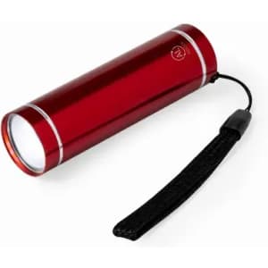 A red flashlight with a black wrist strap, featuring a silver band around the lens. It has a sleek cylindrical design.