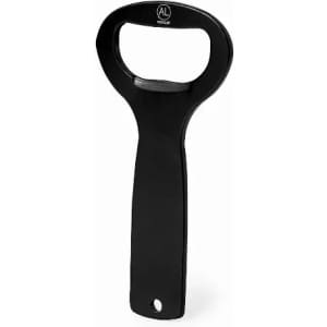 A bottle opener with a black handle and a circular opening at the top. It features a logo on its body.
