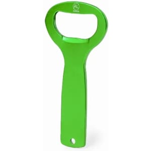 A green metal bottle opener with a handle and a round opening at the top. It features a logo on the handle.