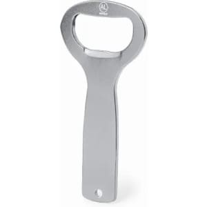 A bottle opener with a silver finish, featuring a loop handle and a flat end for opening caps.