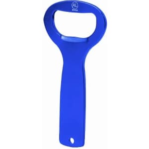 A blue bottle opener with a rounded handle and a logo on the top.