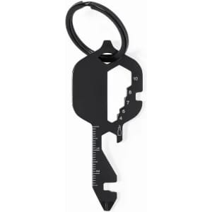 A black multi-tool keyring featuring measurements and various tool functions. It includes a keyring attachment.