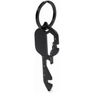 A black multi-tool keyring featuring various measuring and cutting functions with a keyring attachment.