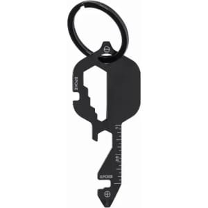 A black multi-tool keyring with various functions and a circular keyring attachment.