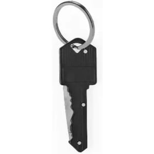 A black key with a serrated edge attached to a metal keyring. No visible branding or logos.