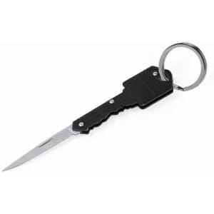 A keychain knife with a sleek black handle and a silver blade, featuring a metal keyring attachment.