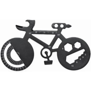 A black bike-shaped multi-tool featuring measurement scales and various tool shapes for bike maintenance.